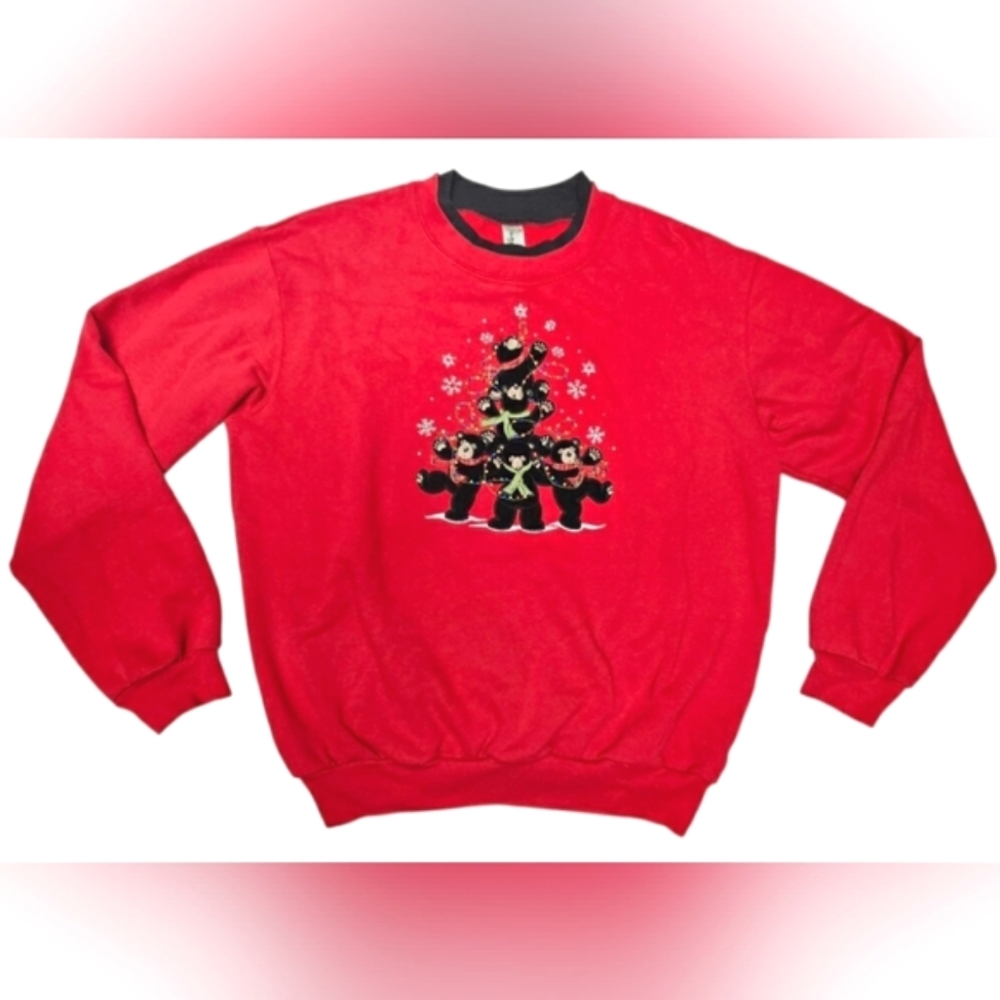 Decorated Originals Red & Black Christmas Bears Soft Sweater Silver Snowflakes